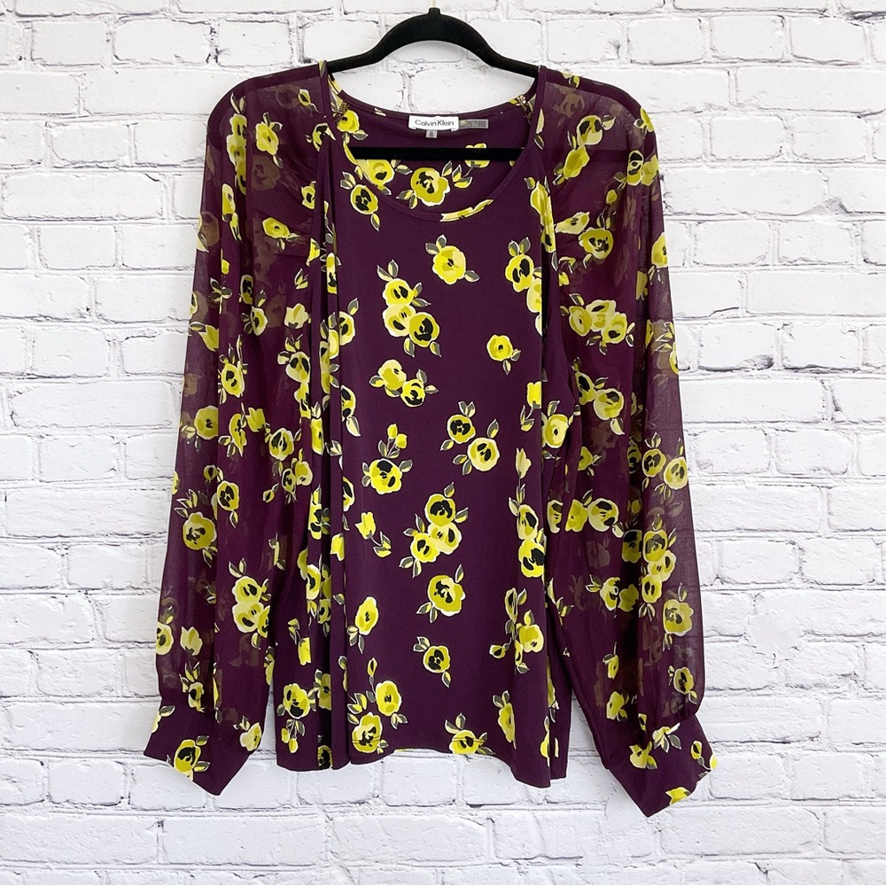 New Calvin Klein Chiffon Floral Top Long Sleeve Size XL